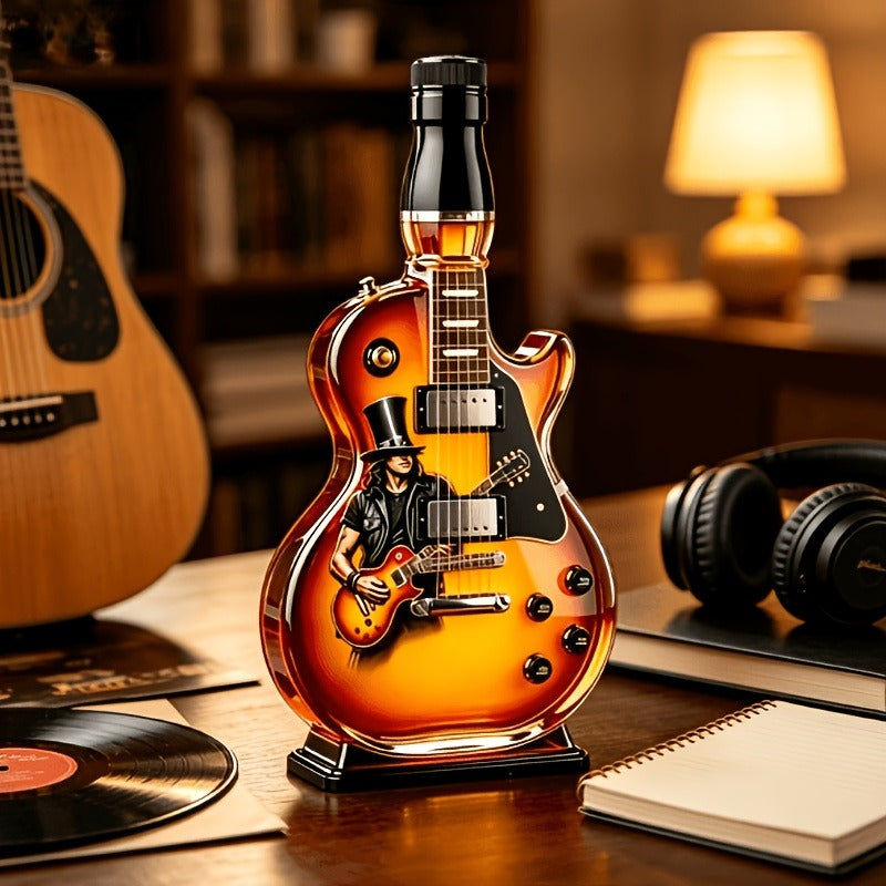 Guitar-Shaped Borosilicate Glass Whiskey Bottle with Cork, 11.83 oz