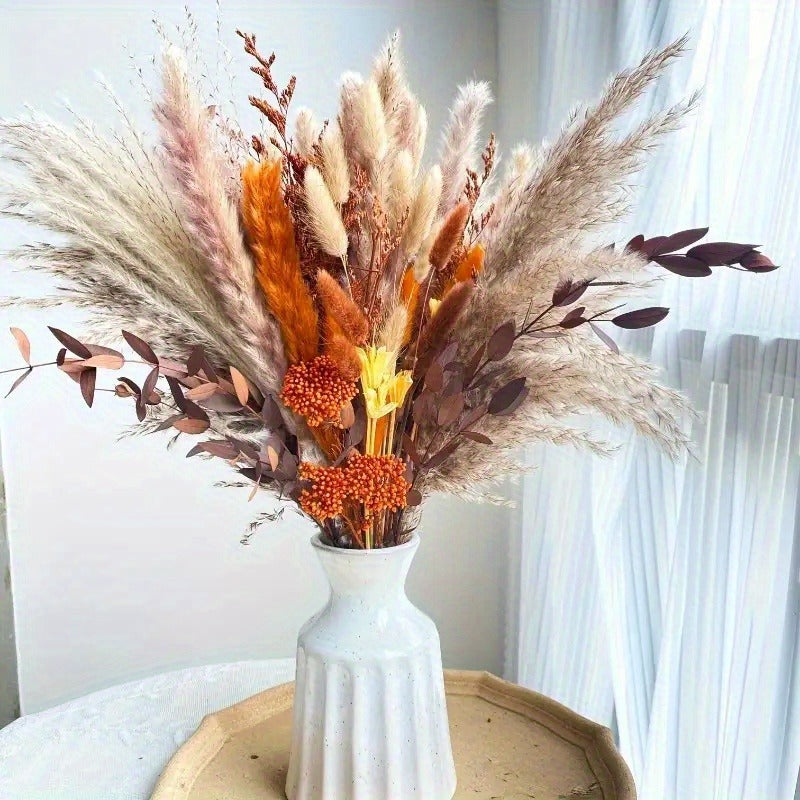 72-Piece Artificial Fall Pampas Bouquet with Orange and Brown Stems