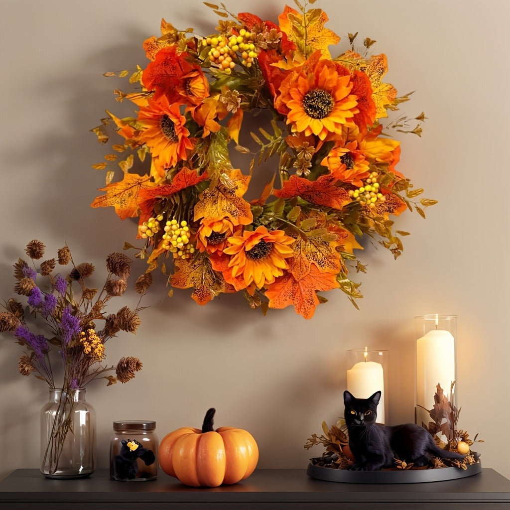 Sunflower and Maple Leaf Artificial Fall Wreath, 15.75 in