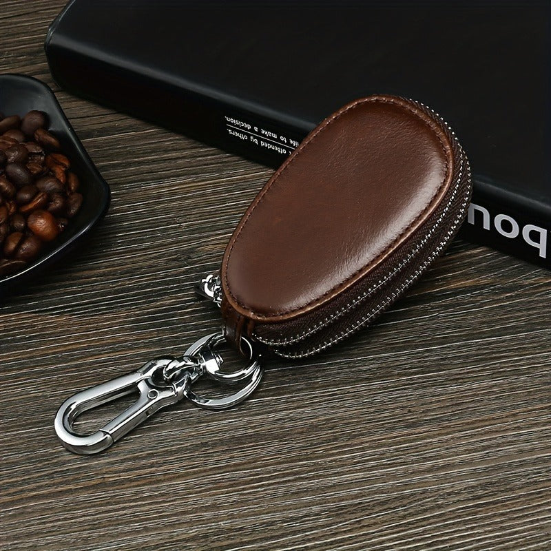 Men's Leather Car Key Pouch, Coffee Brown, with Card Slots