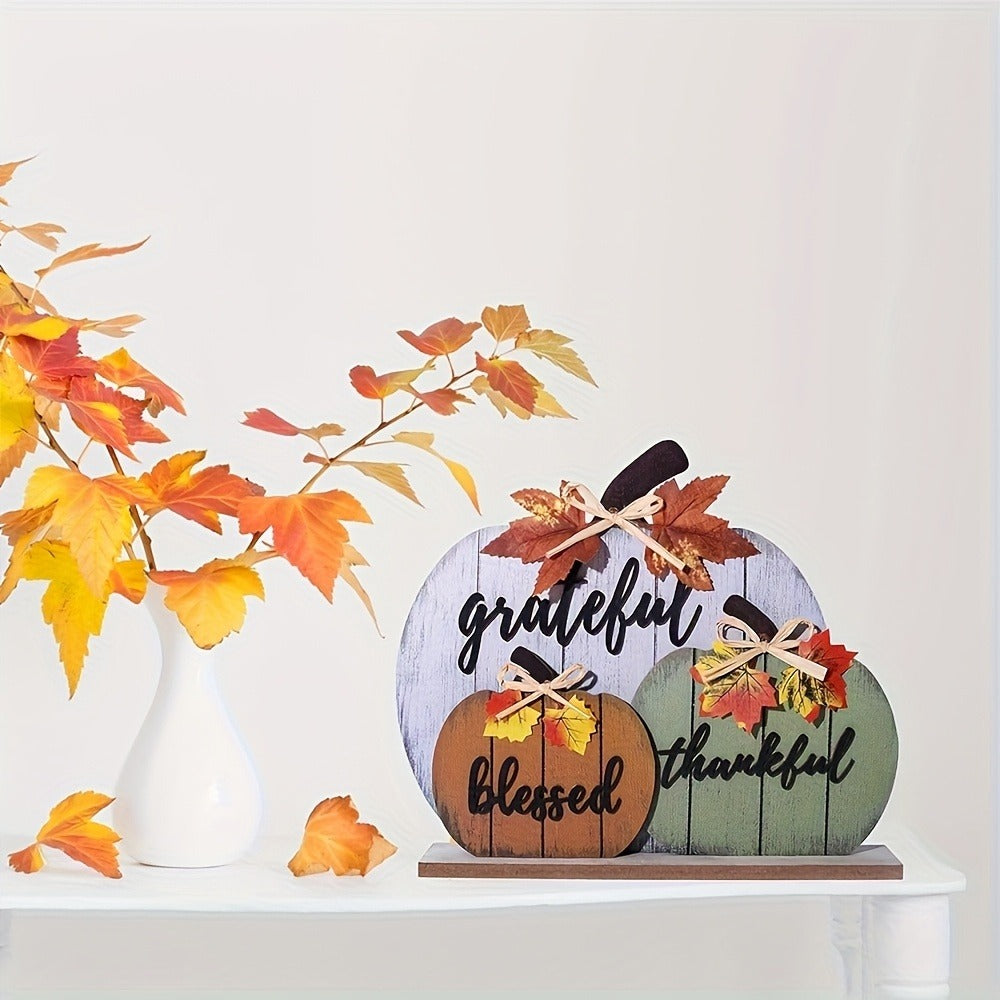 Grateful, Blessed, Thankful Pumpkin Flat Wooden Tabletop Sign