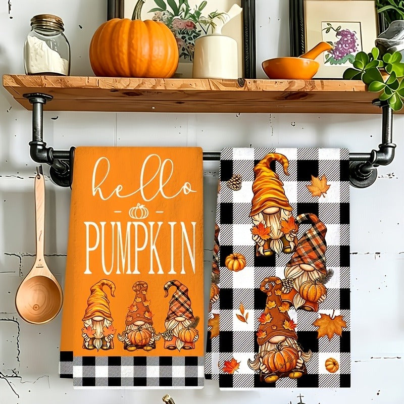 Set of 2 Autumn Pumpkin Gnome Kitchen Towels, Buffalo Plaid