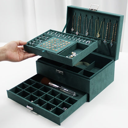 Deep Green Velvet Jewelry Organizer Box with Drawers