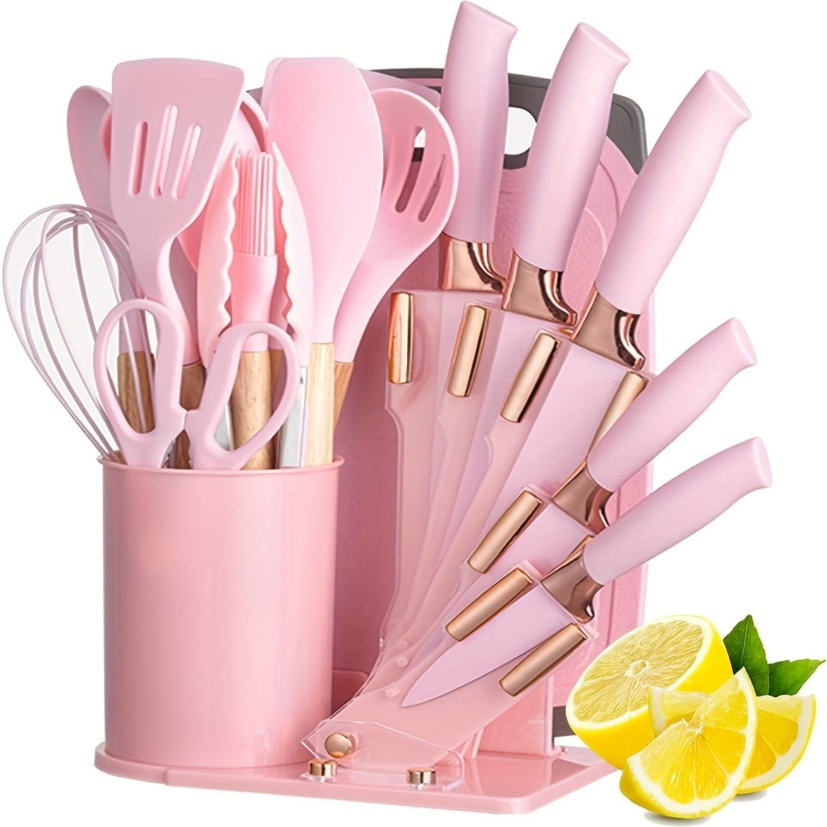 Heat-Resistant Cooking Utensil and Knife Set with Wooden Handles, Pink