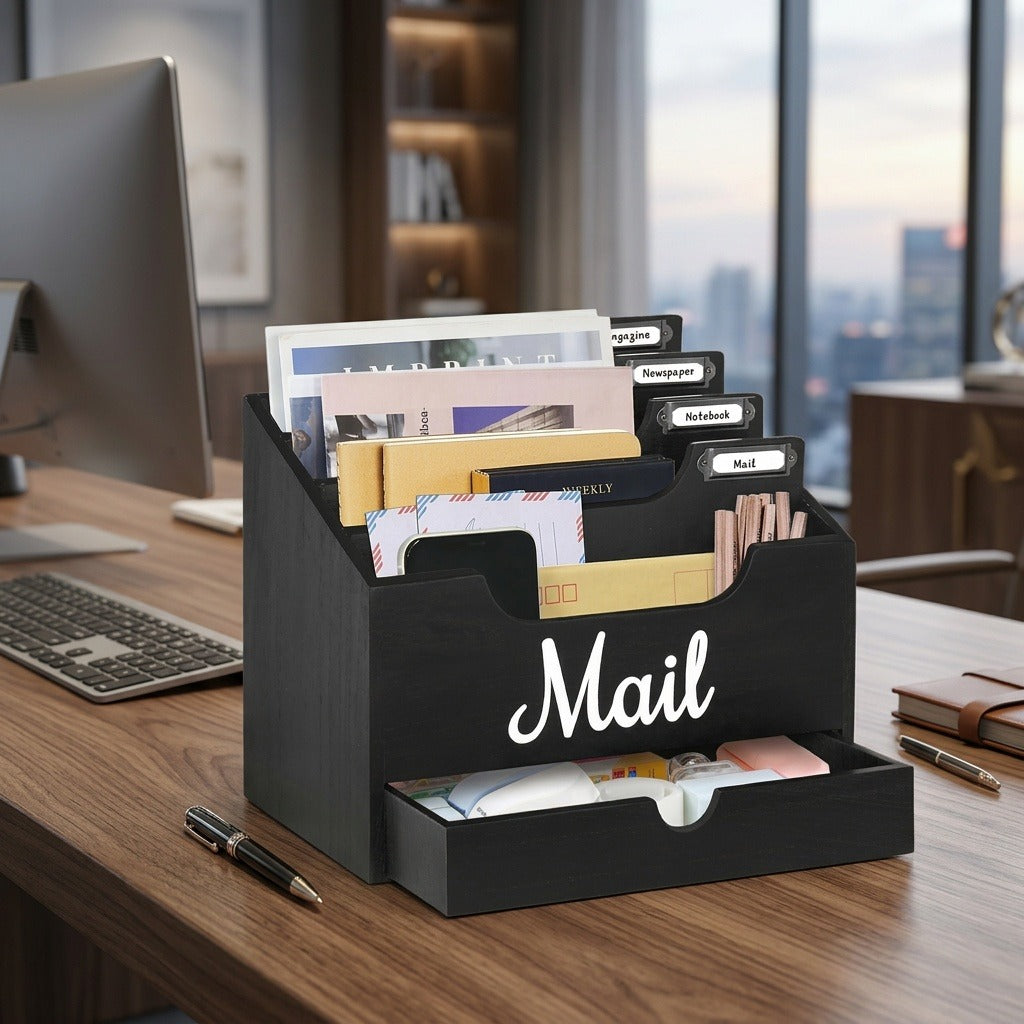 Solid Wood Desktop Mail Organizer in Black, 4 Compartments with Drawer