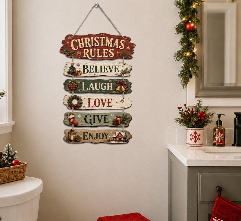Wooden Christmas Rules Hanging Sign: Believe, Laugh, Love, Give, Enjoy