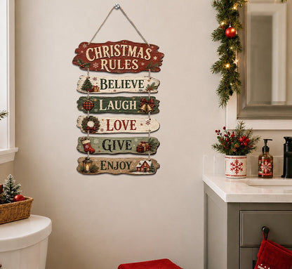Wooden Christmas Rules Hanging Sign: Believe, Laugh, Love, Give, Enjoy