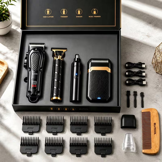 Men's grooming kit in a black gift box: hair clipper, T-blade trimmer, nose trimmer, foil shaver, guide combs and comb