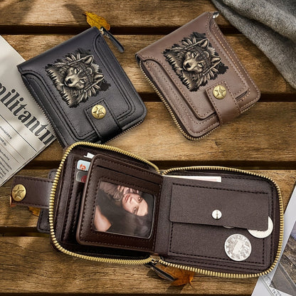 Men's Black Wolf-Print Wallet with Dark Brown Key Case, 2-Piece Set