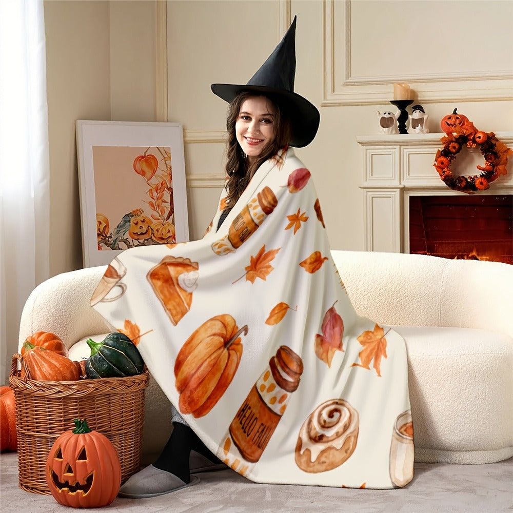 Autumn Pumpkin and Maple Leaf Flannel Throw Blanket, 150 x 100 cm