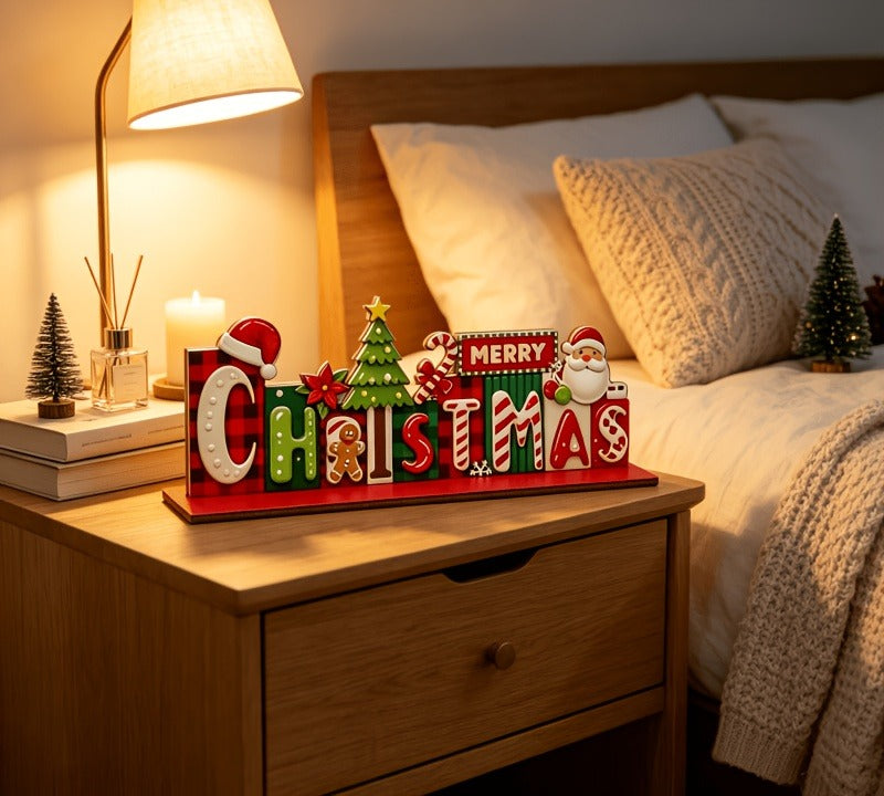 Vintage Wooden Santa 'Merry Christmas' Sign, 2D Flat Tabletop Decor