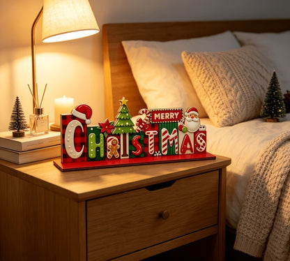 Vintage Wooden Santa 'Merry Christmas' Sign, 2D Flat Tabletop Decor