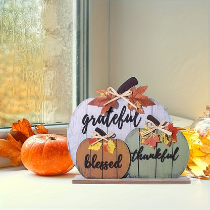Grateful, Blessed, Thankful Pumpkin Flat Wooden Tabletop Sign