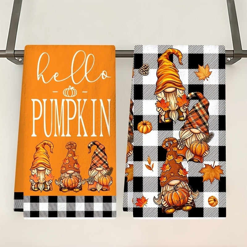 Set of 2 Autumn Pumpkin Gnome Kitchen Towels, Buffalo Plaid