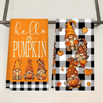Set of 2 Autumn Pumpkin Gnome Kitchen Towels, Buffalo Plaid