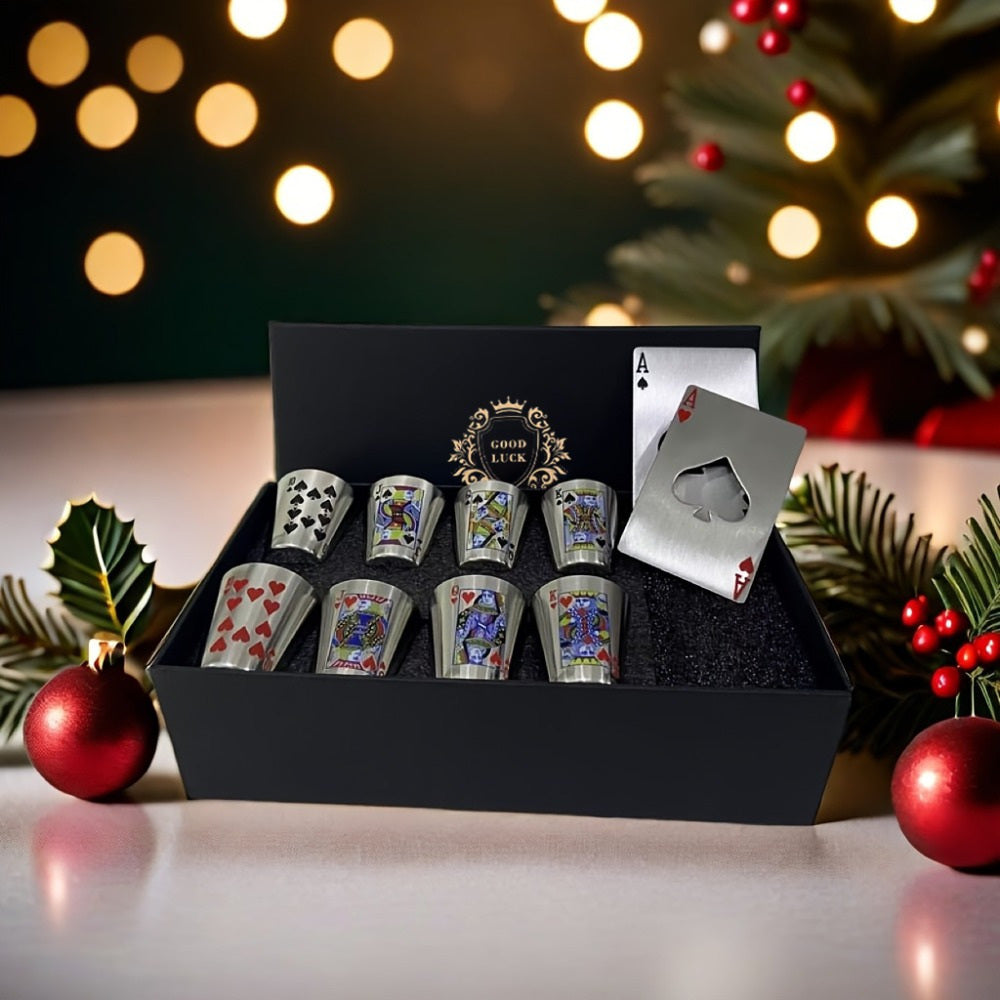 Stainless Steel Cup Gift Set, 8 Cups and 2 Bottle Openers in Box
