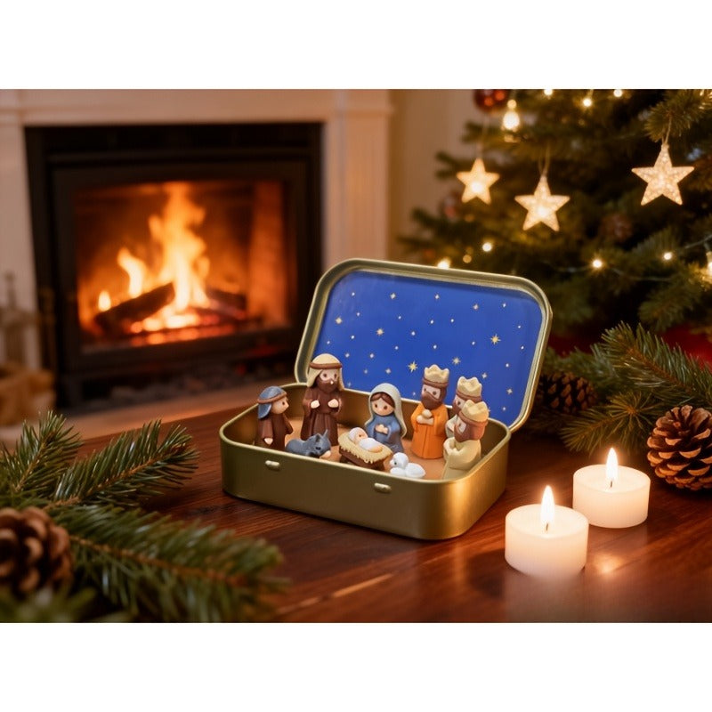 Handmade Miniature Christmas Nativity Set in a Portable Tin Box