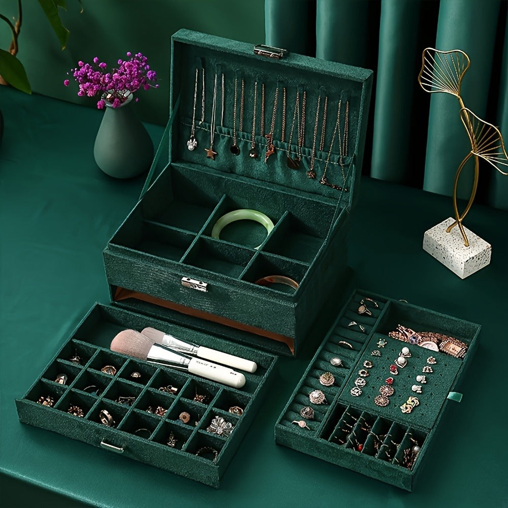 Deep Green Velvet Jewelry Organizer Box with Drawers