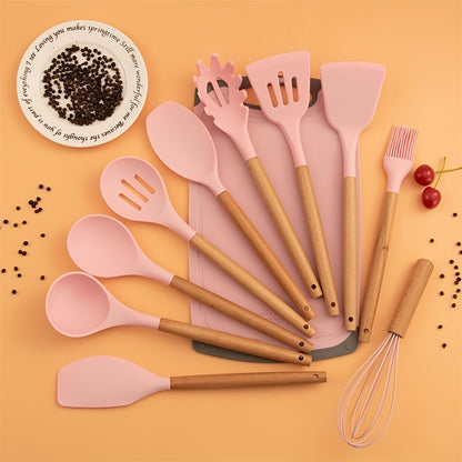 Heat-Resistant Cooking Utensil and Knife Set with Wooden Handles, Pink