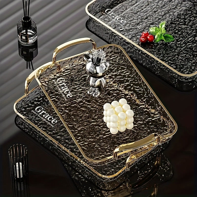 3-Piece Clear Serving Tray Set with Gold Rims, Large to Small