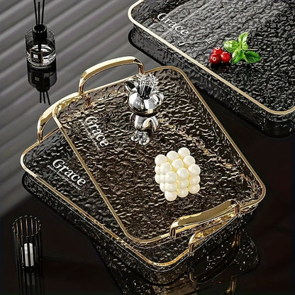 3-Piece Clear Serving Tray Set with Gold Rims, Large to Small