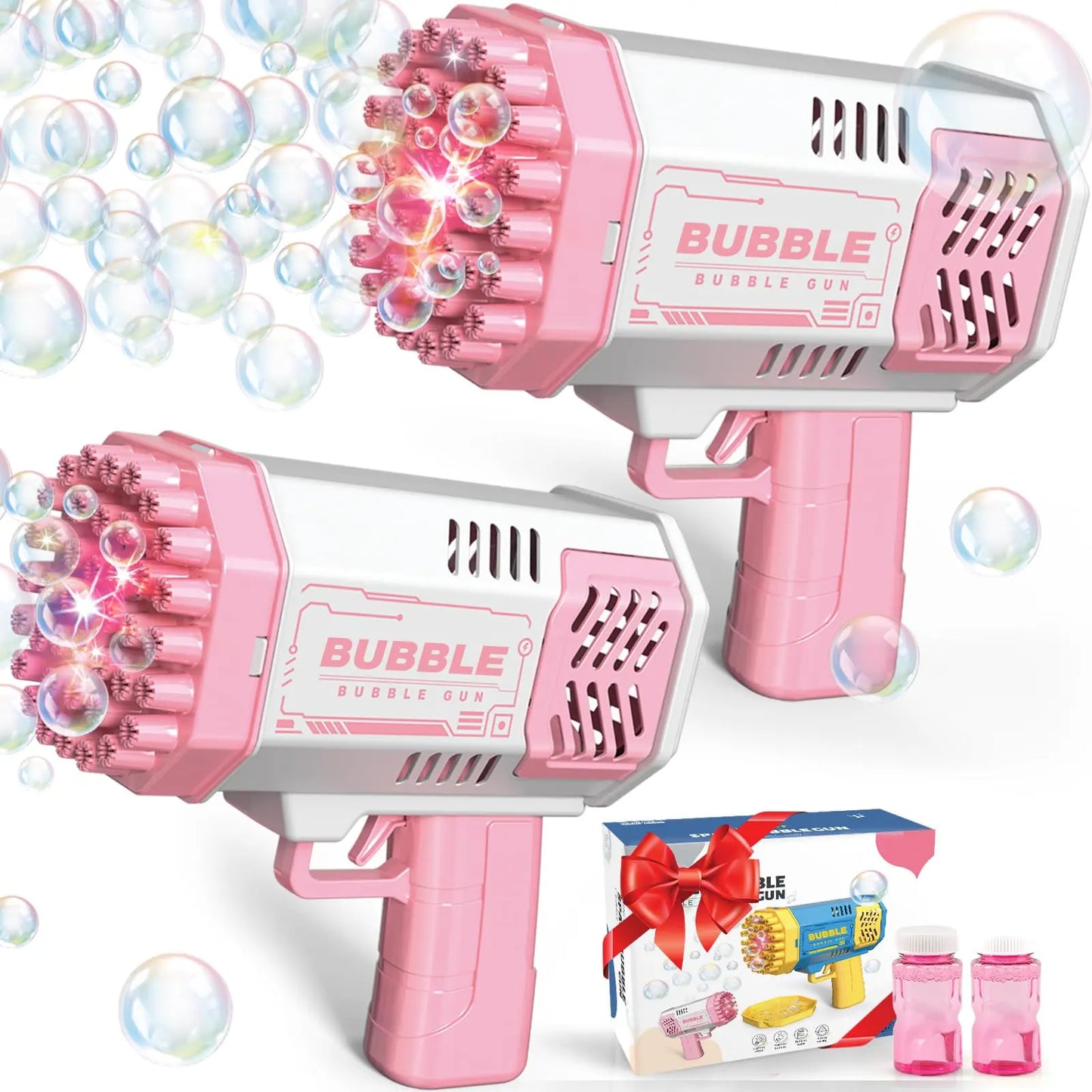 2 Pack Bubble Machine 40 Hole Automatic Bubble Maker with LED Lights and Solution for Indoor Outdoor Use