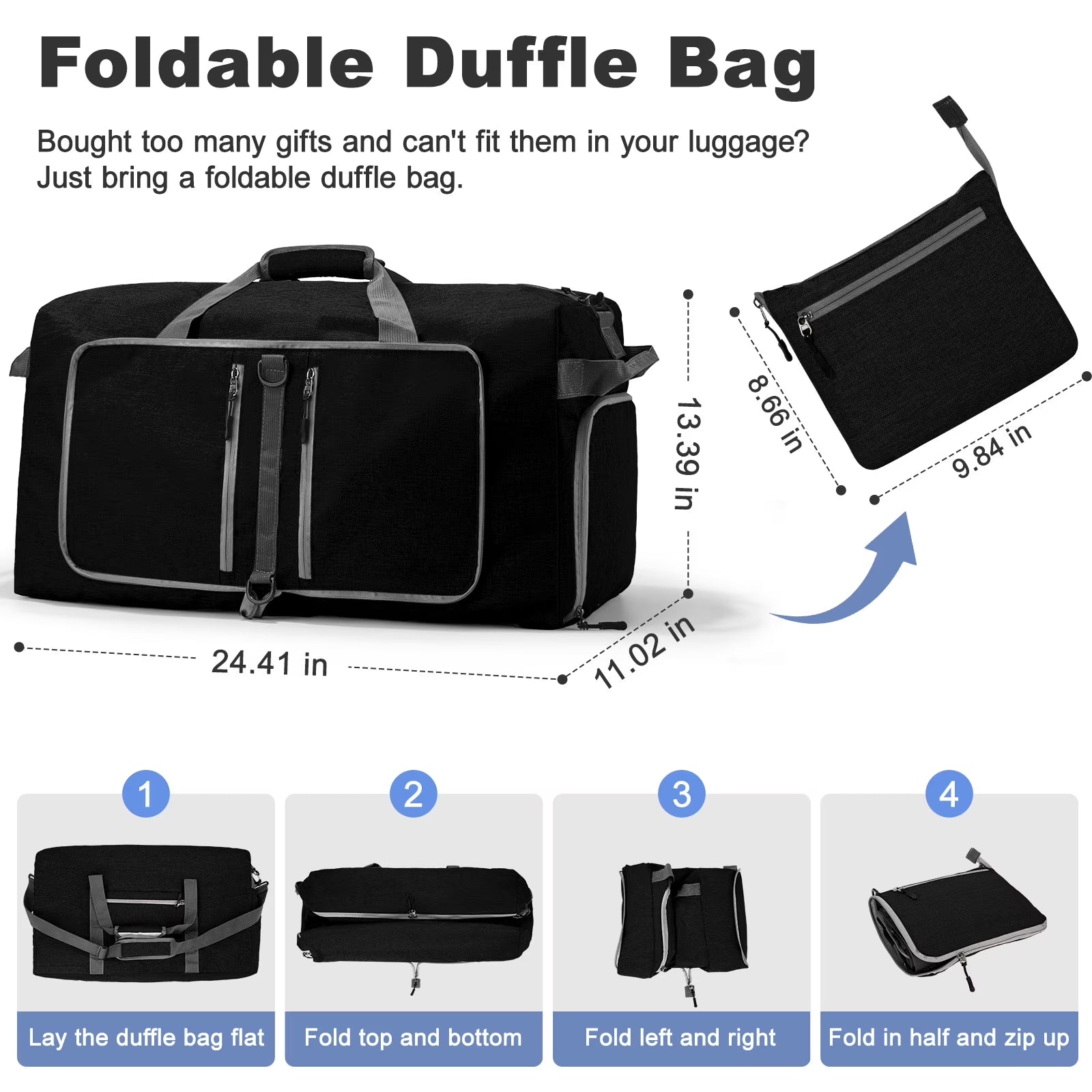Travel Duffle Bag 24" Foldable Weekender Bags Men Women, 60L Carry on Waterproof Overnight Bag Gym Bag with Shoes Compartment Trolley Sleeve, Large Packable Tote Duffel Bag for Sports Plane