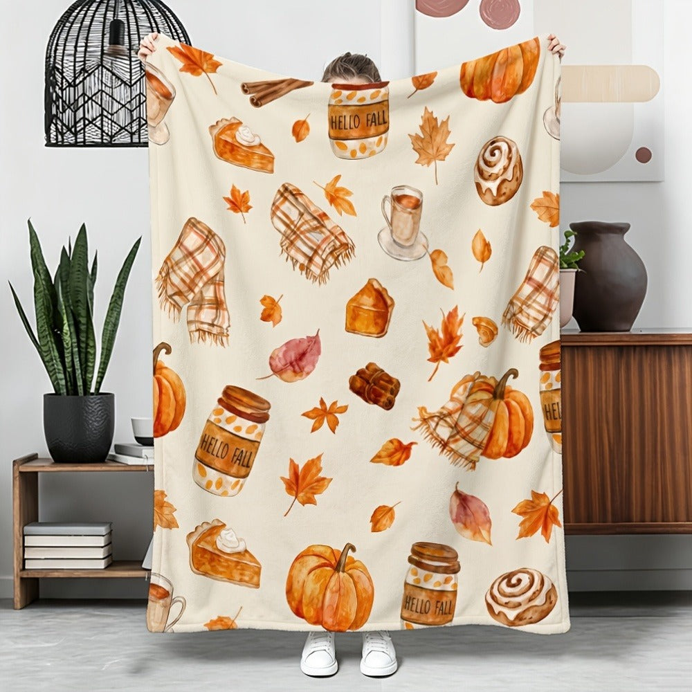 Autumn Pumpkin and Maple Leaf Flannel Throw Blanket, 150 x 100 cm