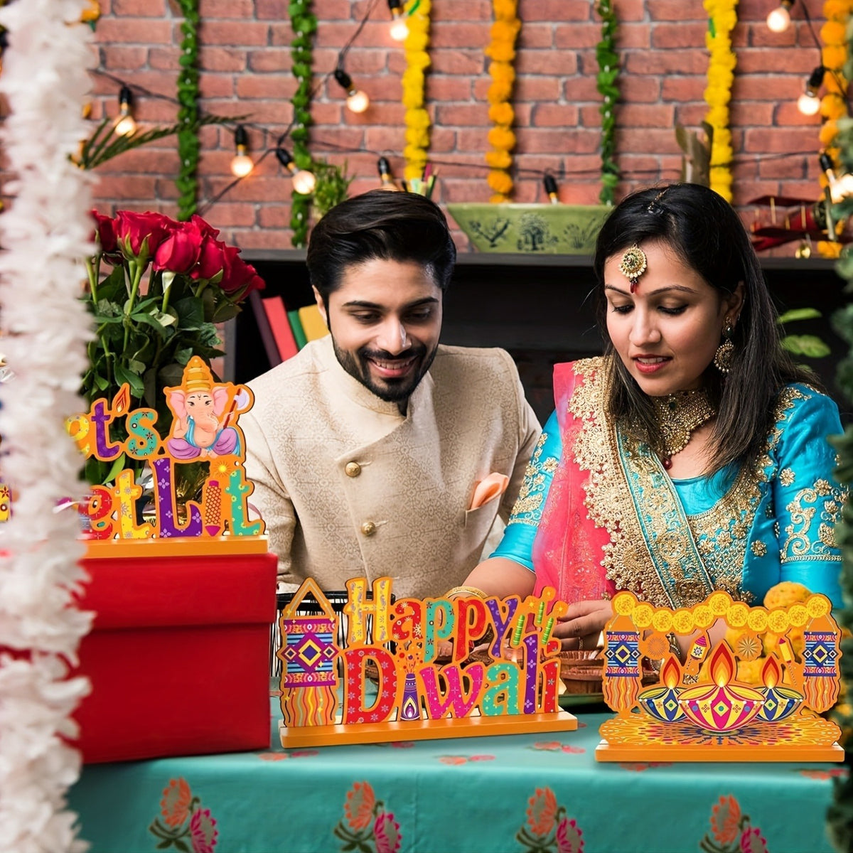 4-Piece Happy Diwali Wooden Table Sign Set