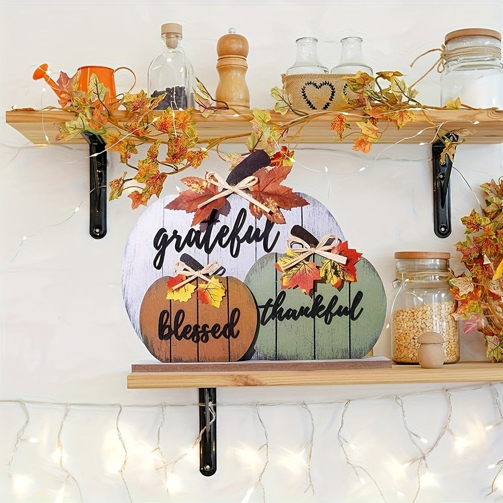 Grateful, Blessed, Thankful Pumpkin Flat Wooden Tabletop Sign