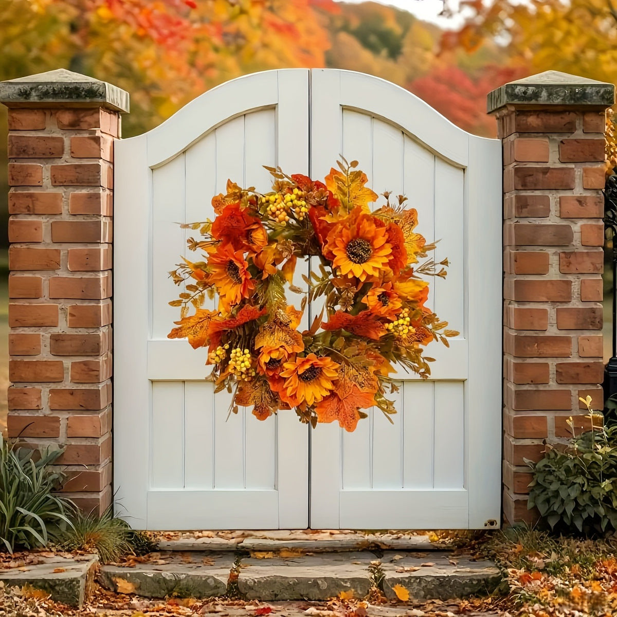 Sunflower and Maple Leaf Artificial Fall Wreath, 15.75 in