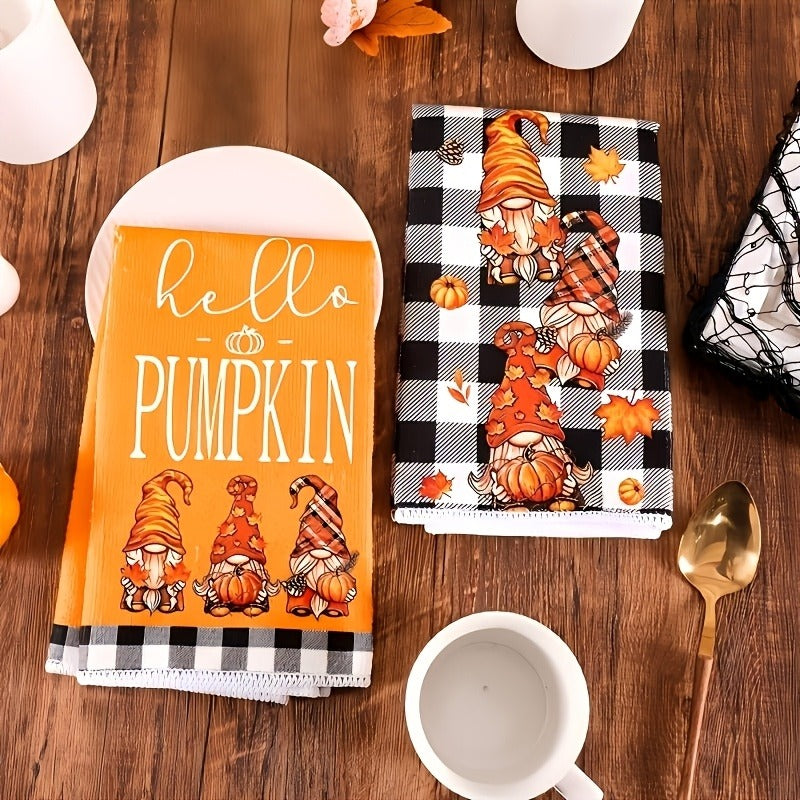 Set of 2 Autumn Pumpkin Gnome Kitchen Towels, Buffalo Plaid