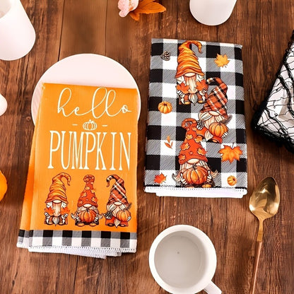 Set of 2 Autumn Pumpkin Gnome Kitchen Towels, Buffalo Plaid