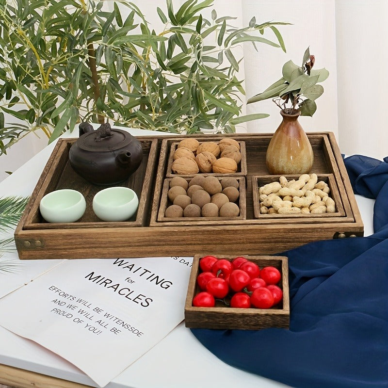 7-Piece Paulownia Wood Nesting Serving Tray Set, Wood-Grain Decor