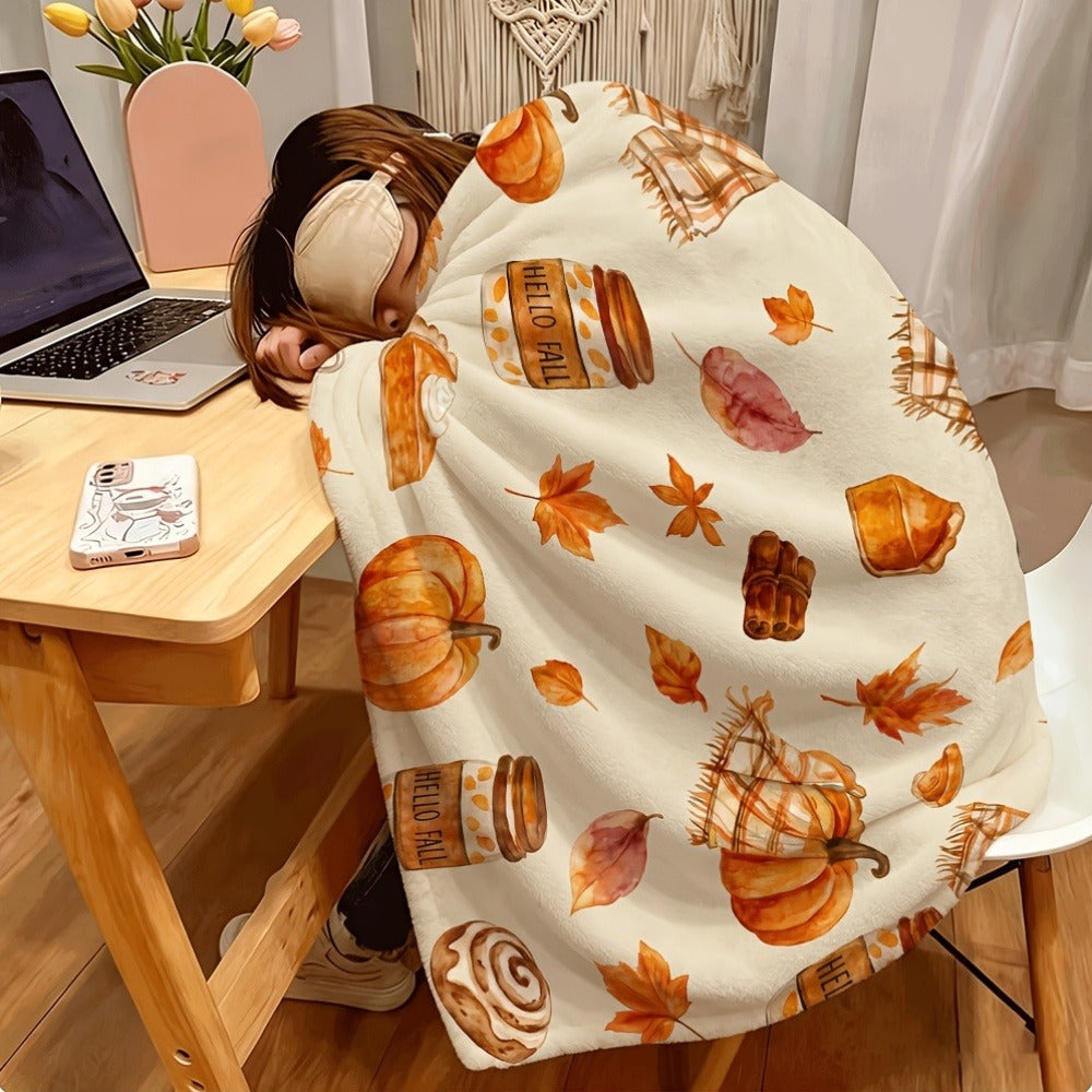 Autumn Pumpkin and Maple Leaf Flannel Throw Blanket, 150 x 100 cm