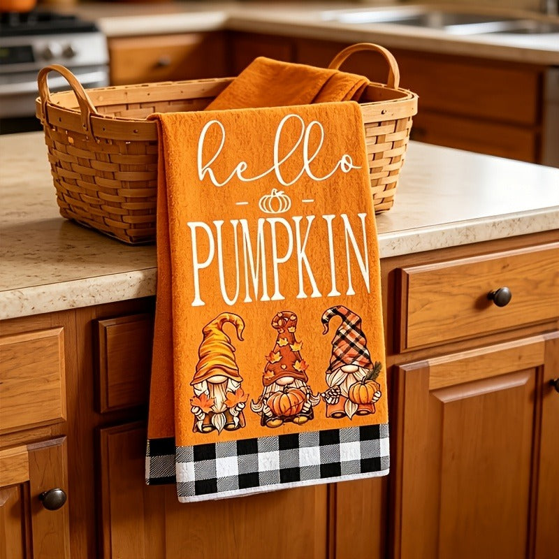 Set of 2 Autumn Pumpkin Gnome Kitchen Towels, Buffalo Plaid