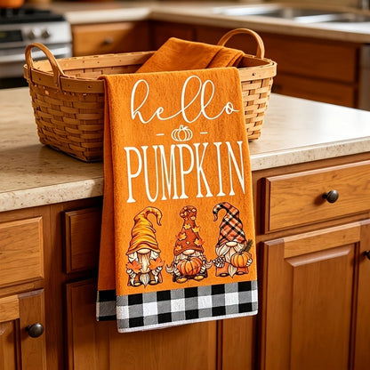 Set of 2 Autumn Pumpkin Gnome Kitchen Towels, Buffalo Plaid