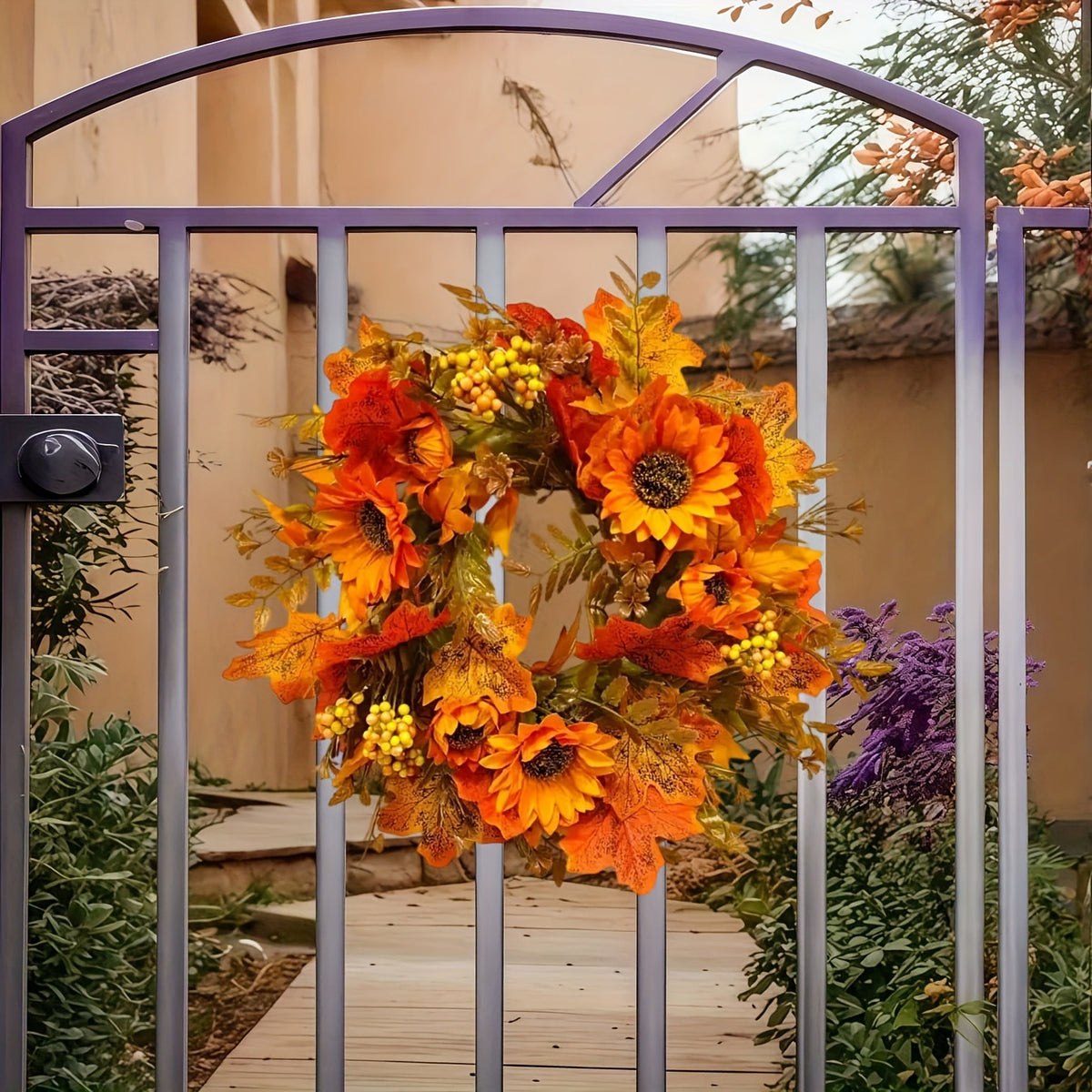 Sunflower and Maple Leaf Artificial Fall Wreath, 15.75 in