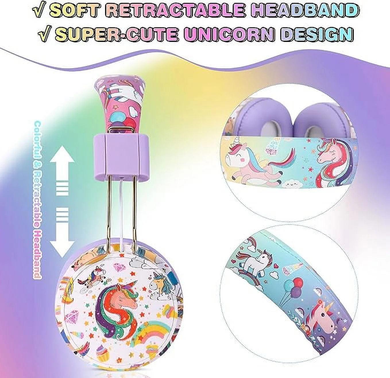 Qearfun Unicorn Headphones for Girls Kids for School, Kids Bluetooth Headphones with Microphone & 3.5Mm Jack, Teens Toddlers Wireless Headphones with Adjustable Headband for Tablet/Pc (Purple)