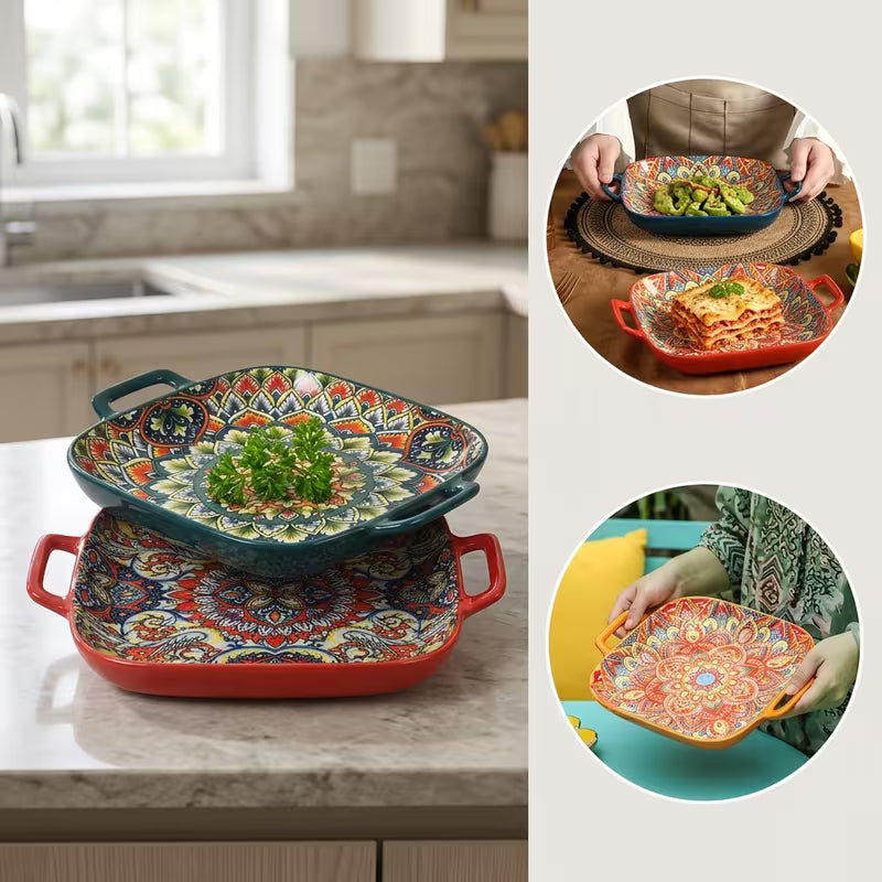 Set of 2 Square Ceramic Trays with Double Handles, Bohemian Floral