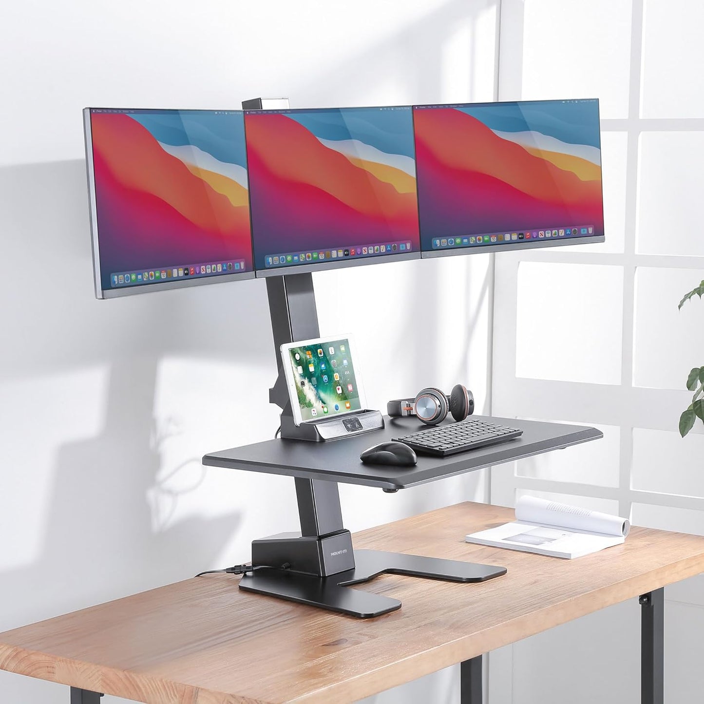 Triple Monitor Electric Standing Desk Converter with Height Adjustable Desktop, 3 Mounts for 13–32 in Screens, Sit-Stand Workstation, Black