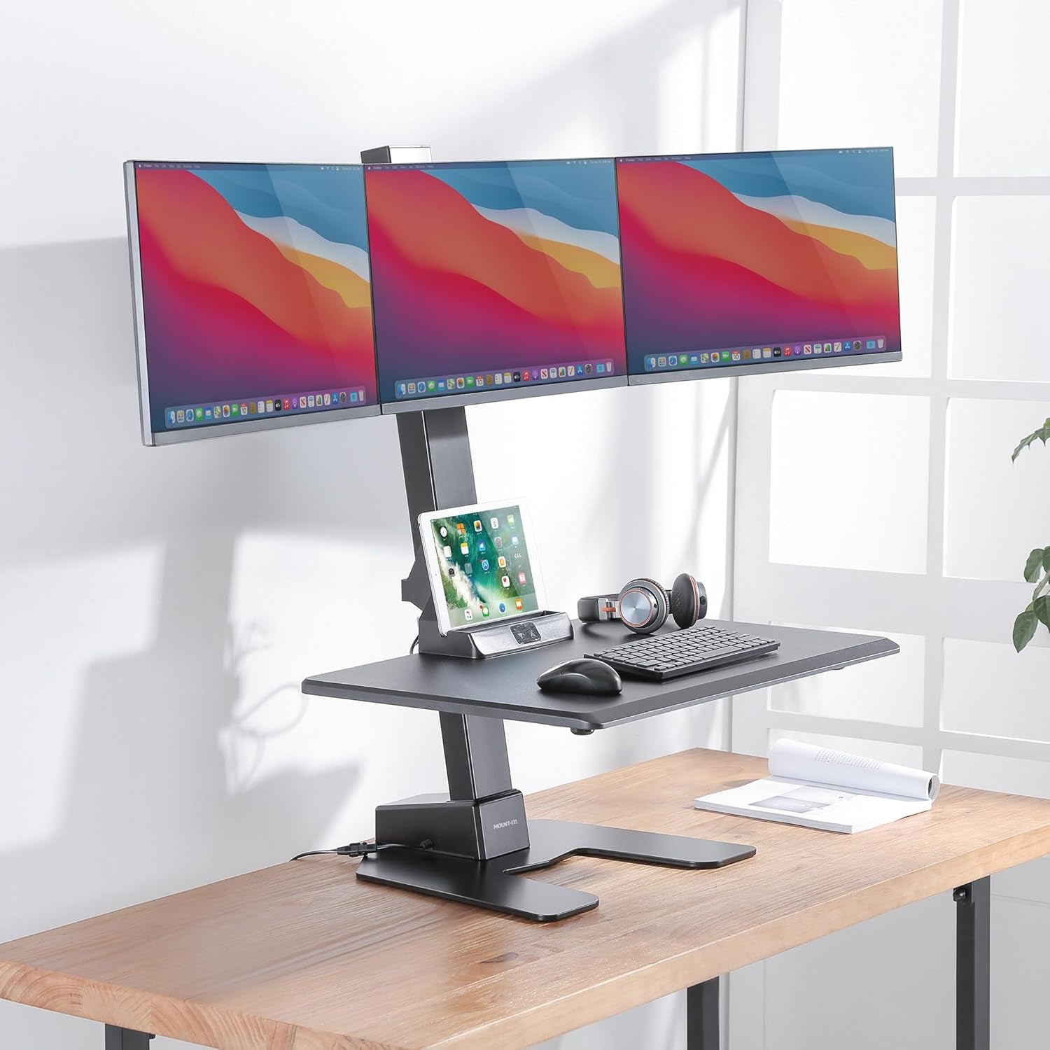 Triple Monitor Electric Standing Desk Converter with Height Adjustable Desktop, 3 Mounts for 13–32 in Screens, Sit-Stand Workstation, Black
