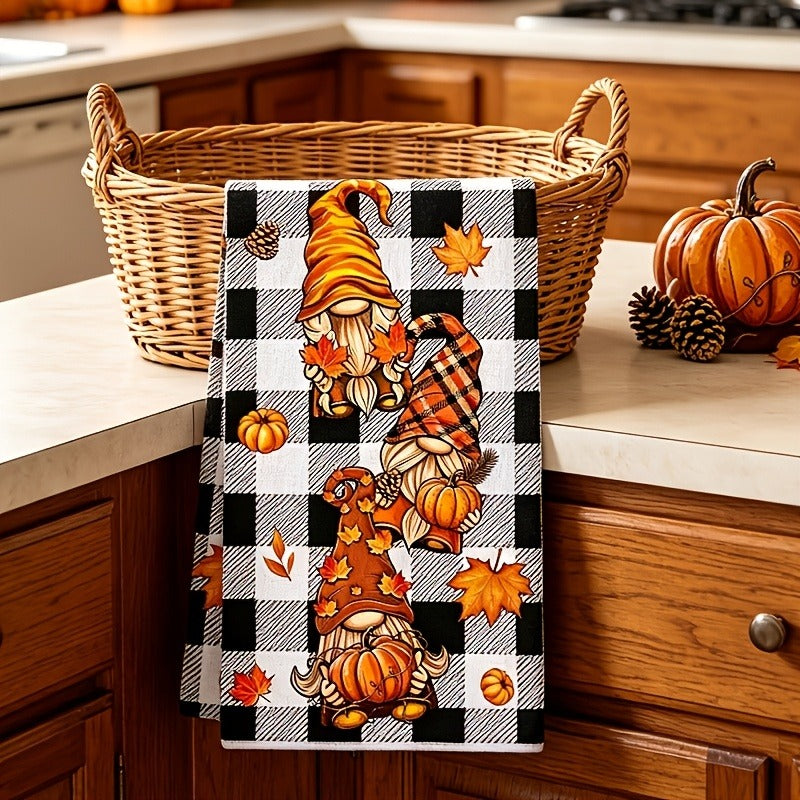 Set of 2 Autumn Pumpkin Gnome Kitchen Towels, Buffalo Plaid