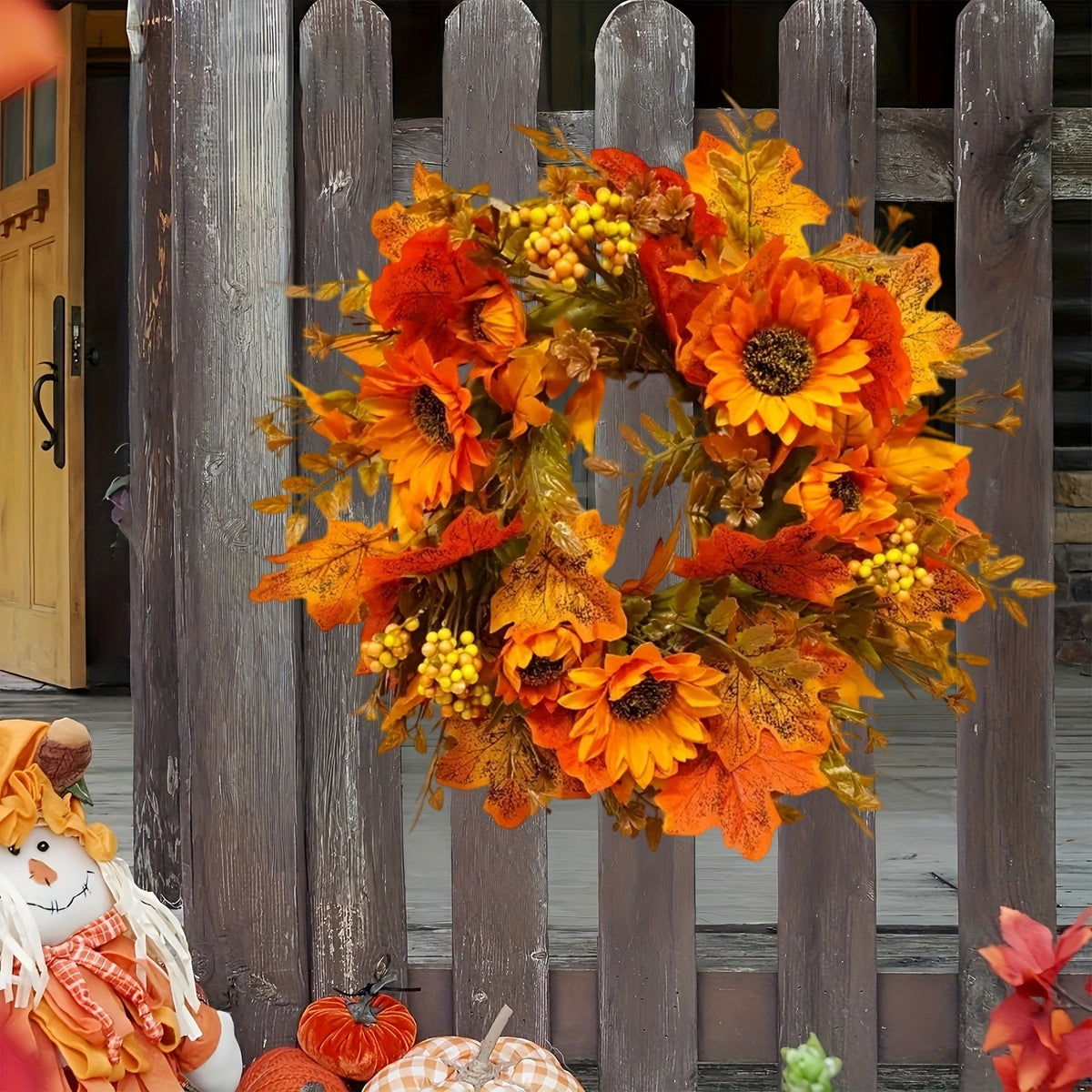 Sunflower and Maple Leaf Artificial Fall Wreath, 15.75 in