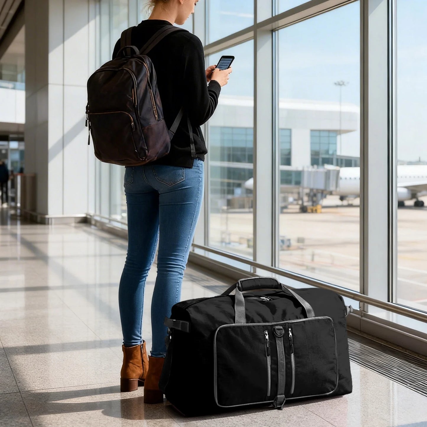 Travel Duffle Bag 24" Foldable Weekender Bags Men Women, 60L Carry on Waterproof Overnight Bag Gym Bag with Shoes Compartment Trolley Sleeve, Large Packable Tote Duffel Bag for Sports Plane