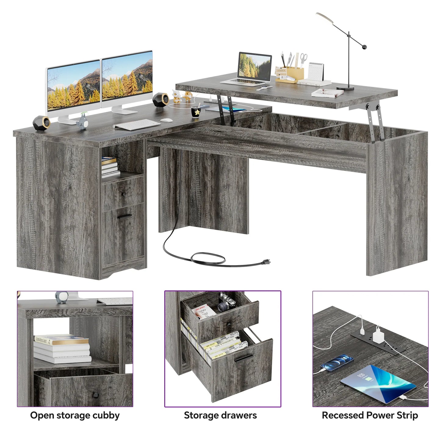 Lift Top L-Shaped Desk with Charge Station, Corner Standing Desk with File Drawers for Home Office