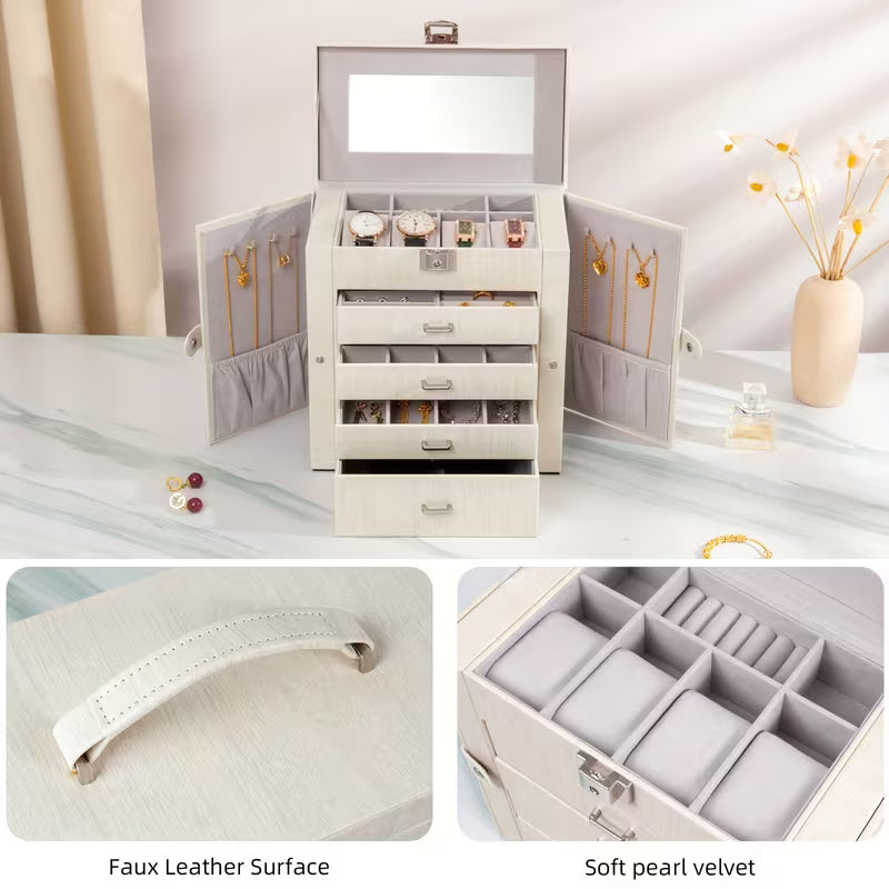Open white jewelry box with mirror, drawers and side doors, plus close-ups of the handle and velvet lining