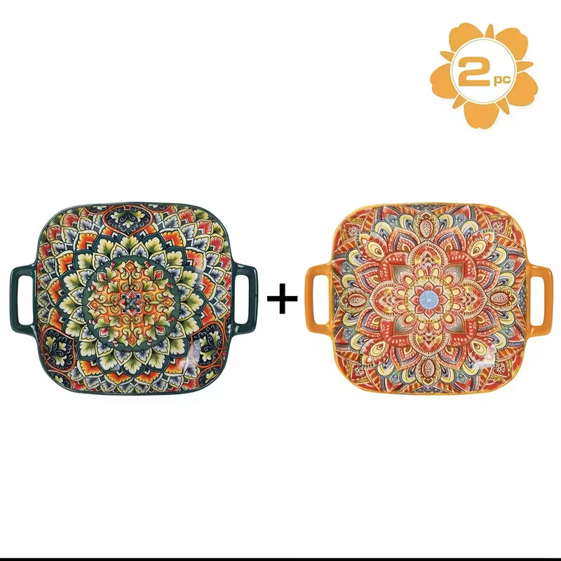 Set of 2 Square Ceramic Trays with Double Handles, Bohemian Floral