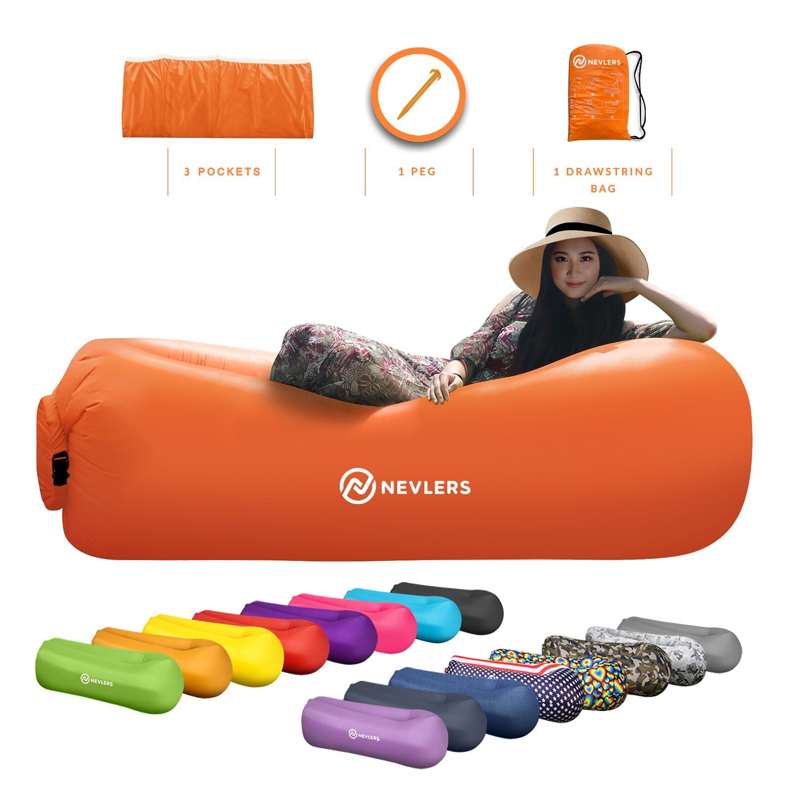 Nevlers Inflatable Air Lounger Sofa Chair Bed with Carry Bag and Pockets Waterproof 210T Polyester Outdoor Travel Use