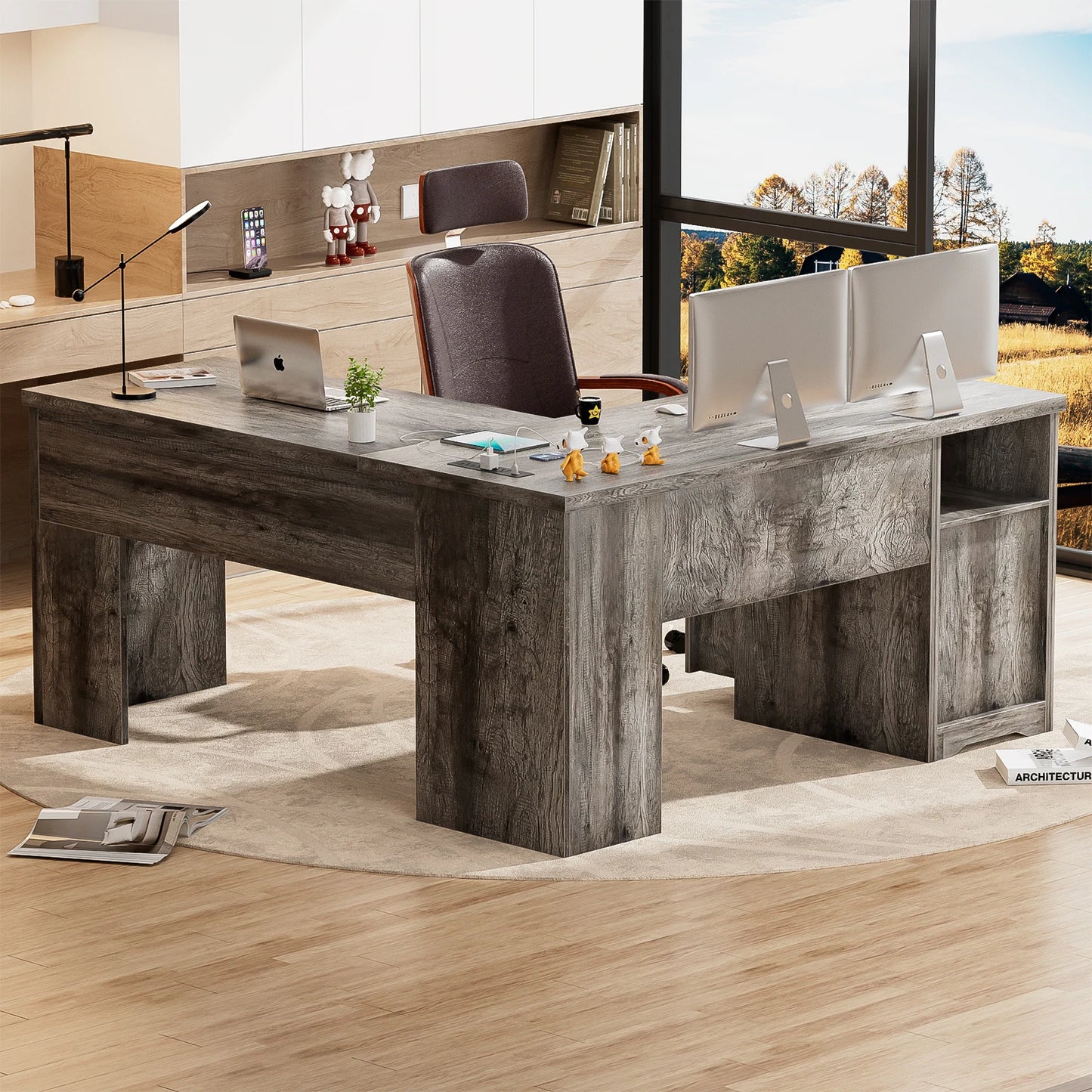 Lift Top L-Shaped Desk with Charge Station, Corner Standing Desk with File Drawers for Home Office